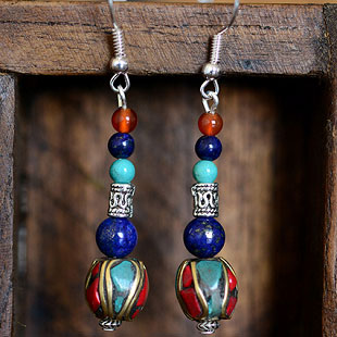 尼泊尔珠藏式耳环      新款波西米亚民族风饰品 独特尼泊尔珠藏式耳环